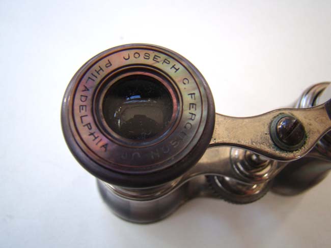 A fine pair of mother-of-pearl mounted and silver plated Opera glasses by Lemaire of Paris and retailed by Joseph Ferguson of Philadelphia circa 1890 — image 3